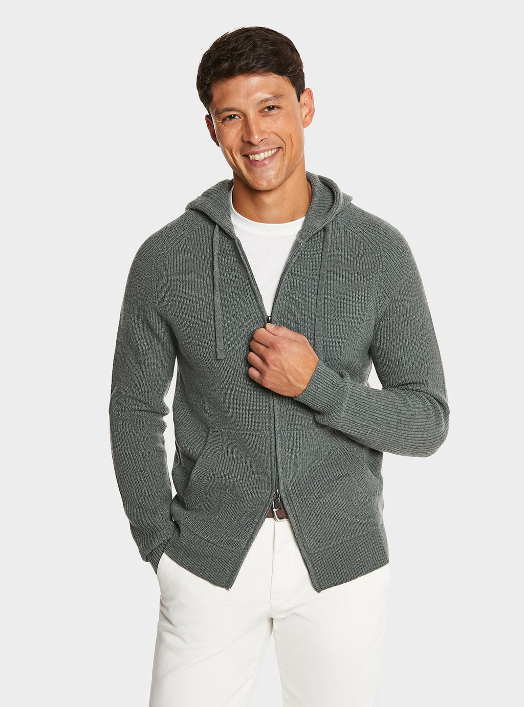 Cardigan full zip a coste in lana e cashmere